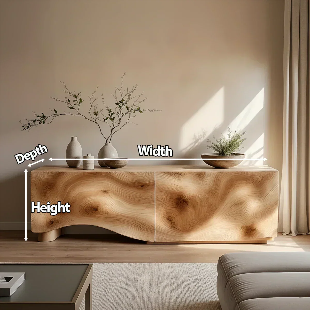 Light Burl Wave Solid Wood TV Console – Minimal Organic Design - Rustirawood