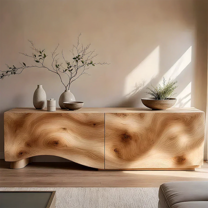 Light Burl Wave Solid Wood TV Console – Minimal Organic Design - Woodenecho