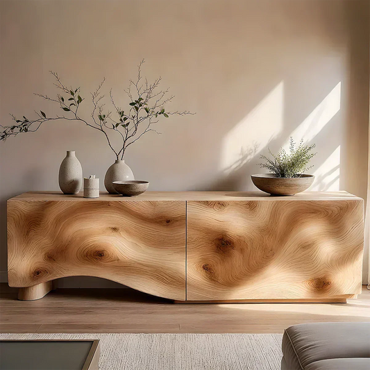 Light Burl Wave Solid Wood TV Console – Minimal Organic Design - Woodenecho