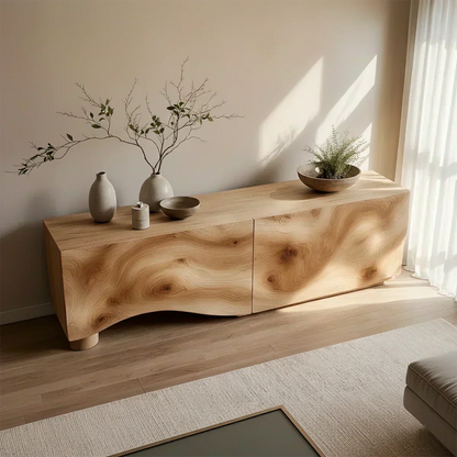 Light Burl Wave Solid Wood TV Console – Minimal Organic Design - Woodenecho