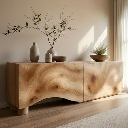 Light Burl Wave Solid Wood TV Console – Minimal Organic Design - Woodenecho