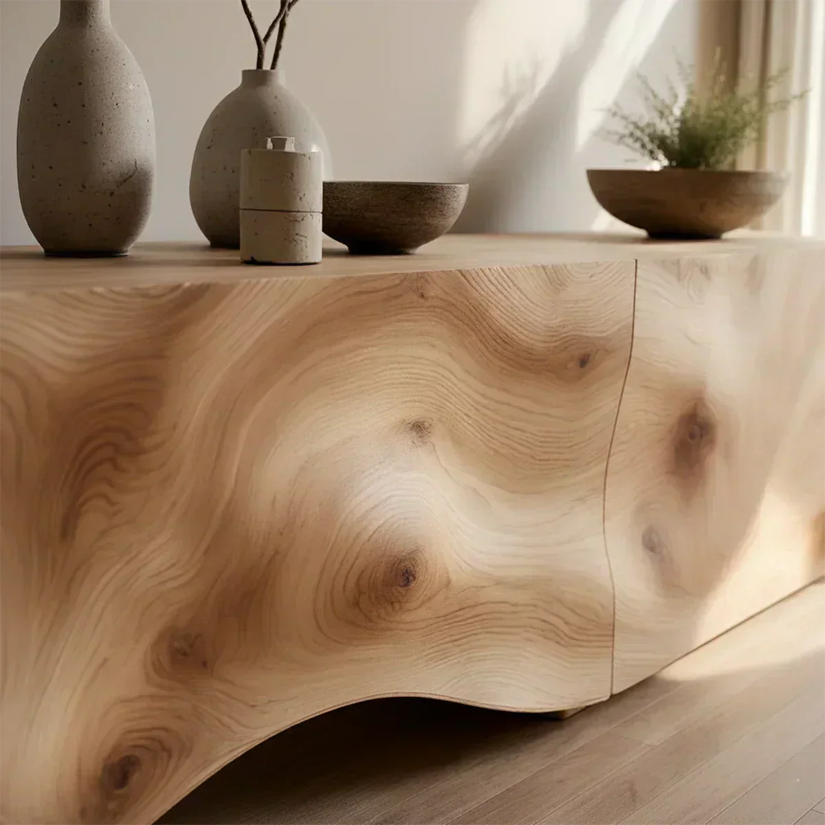 Light Burl Wave Solid Wood TV Console – Minimal Organic Design - Woodenecho