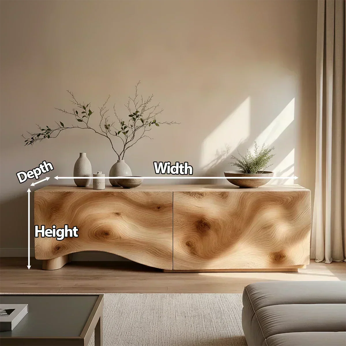 Light Burl Wave Solid Wood TV Console – Minimal Organic Design - Woodenecho