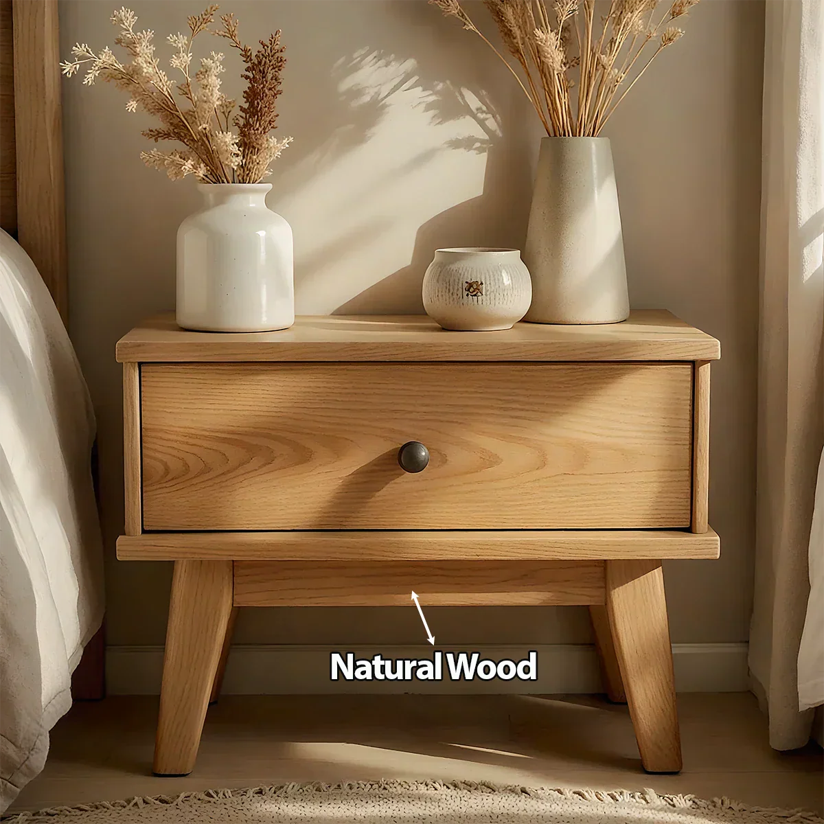 Lightwood Single-Drawer Nightstand – Scandinavian Minimalist Design - Rustirawood
