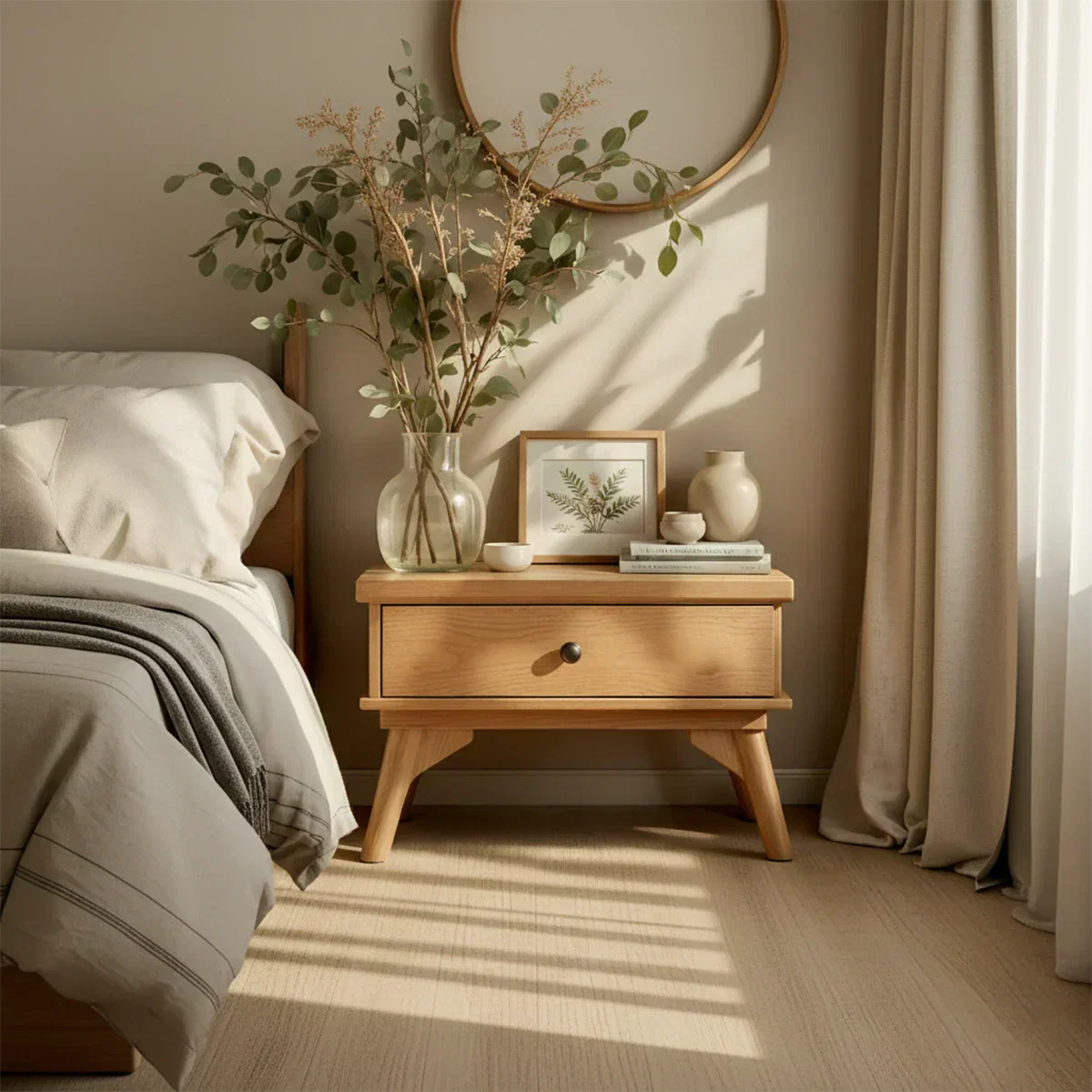 Lightwood Single-Drawer Nightstand – Scandinavian Minimalist Design - Rustirawood