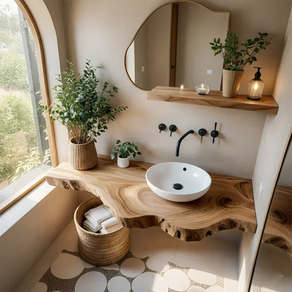 Live Edge Floating Bathroom Vanity — Rustic Japandi Spa Design - Rustirawood