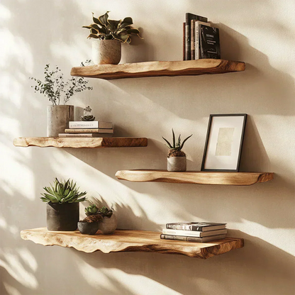 Live-Edge Floating Solid Wood Shelf – Japandi Minimalist Accent - Rustirawood