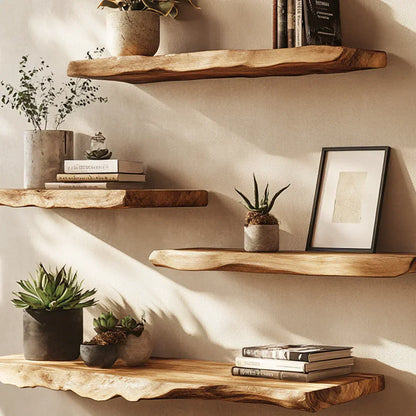 Live-Edge Floating Solid Wood Shelf – Japandi Minimalist Accent - Rustirawood