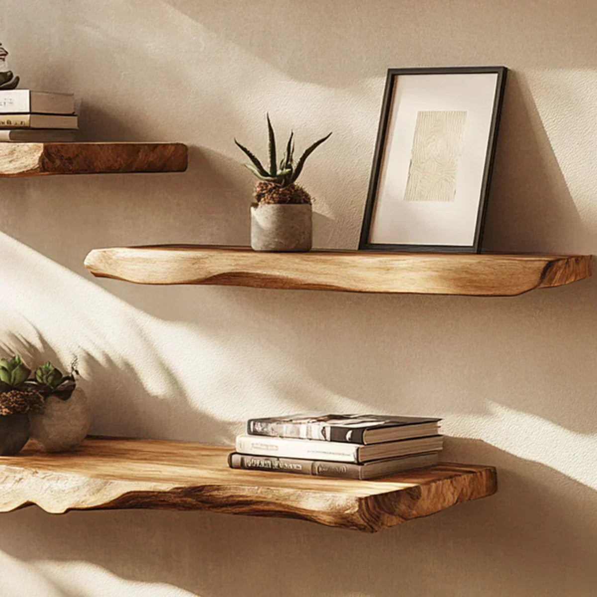 Live-Edge Floating Solid Wood Shelf – Japandi Minimalist Accent - Rustirawood