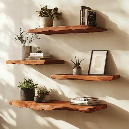 Live-Edge Floating Solid Wood Shelf – Japandi Minimalist Accent - Rustirawood