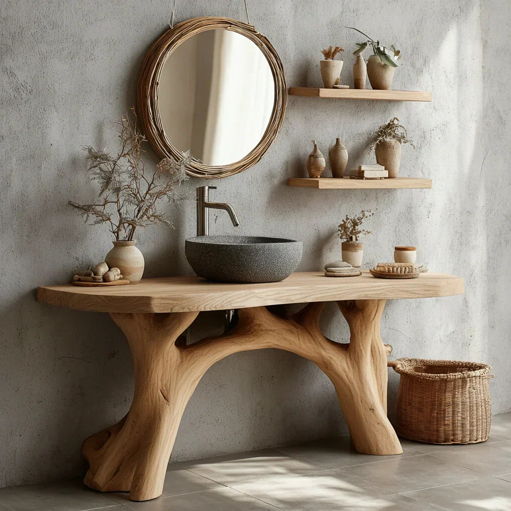 Live-Edge Natural Solid Wood Bathroom Vanity – Handcrafted Base - Rustirawood