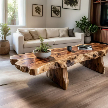 Live-Edge Natural Solid Wood Coffee Table – Handcrafted Slab Design - Woodenecho