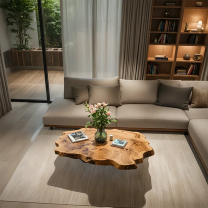 Live-Edge Natural Solid Wood Coffee Table – Sculptural Flower-Form Slab - Rustirawood
