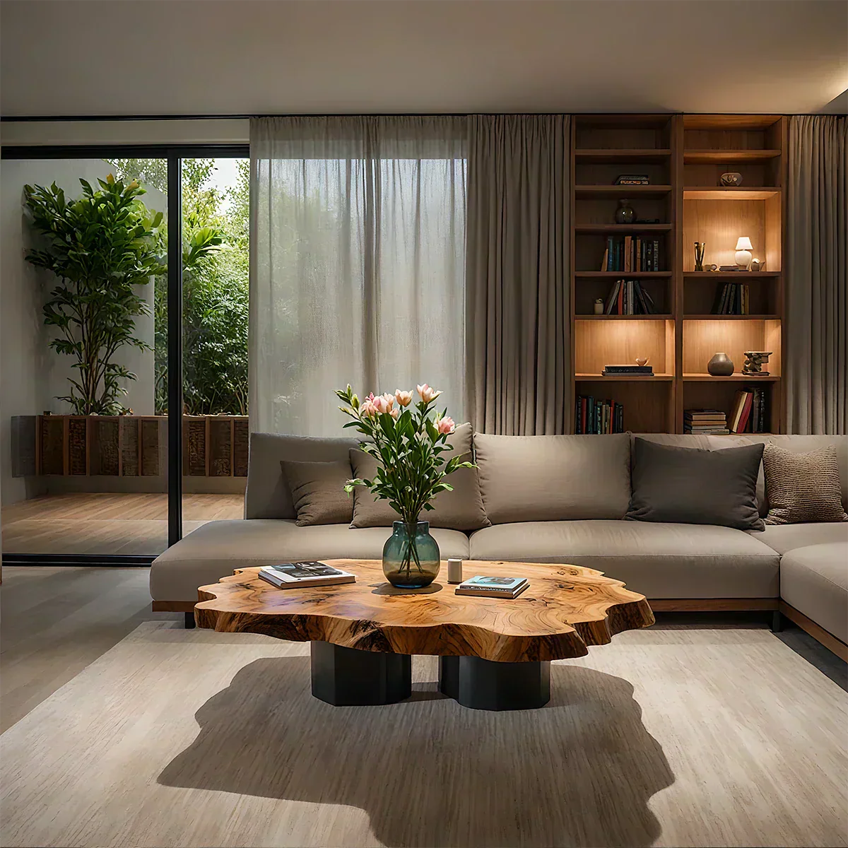 Live-Edge Natural Solid Wood Coffee Table – Sculptural Flower-Form Slab - Woodenecho