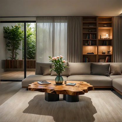 Live-Edge Natural Solid Wood Coffee Table – Sculptural Flower-Form Slab - Woodenecho