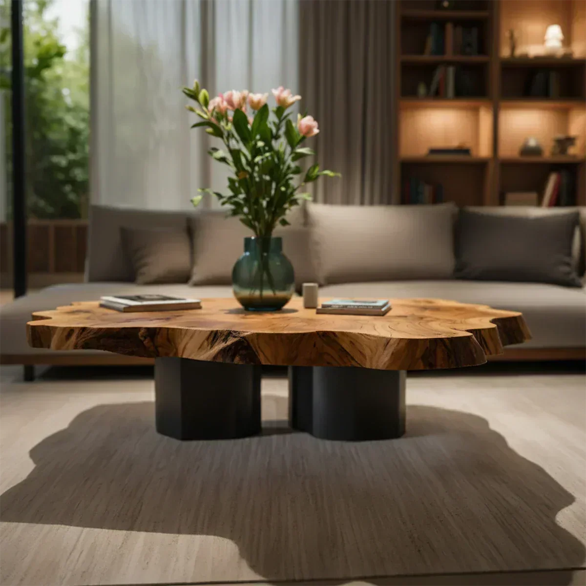 Live-Edge Natural Solid Wood Coffee Table – Sculptural Flower-Form Slab - Woodenecho