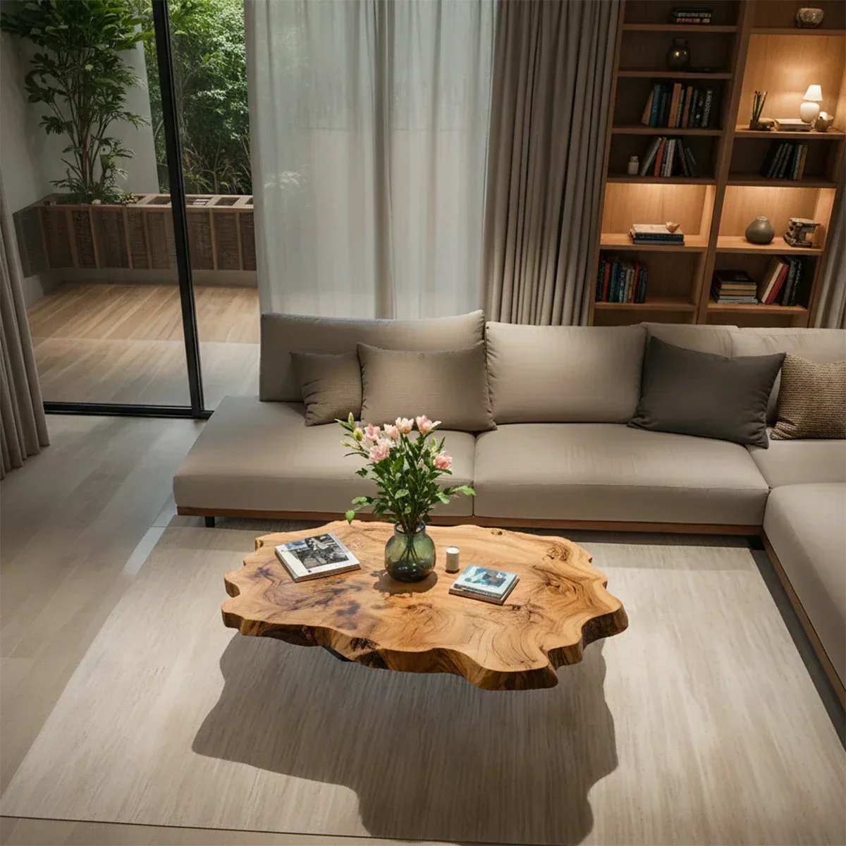 Live-Edge Natural Solid Wood Coffee Table – Sculptural Flower-Form Slab - Woodenecho