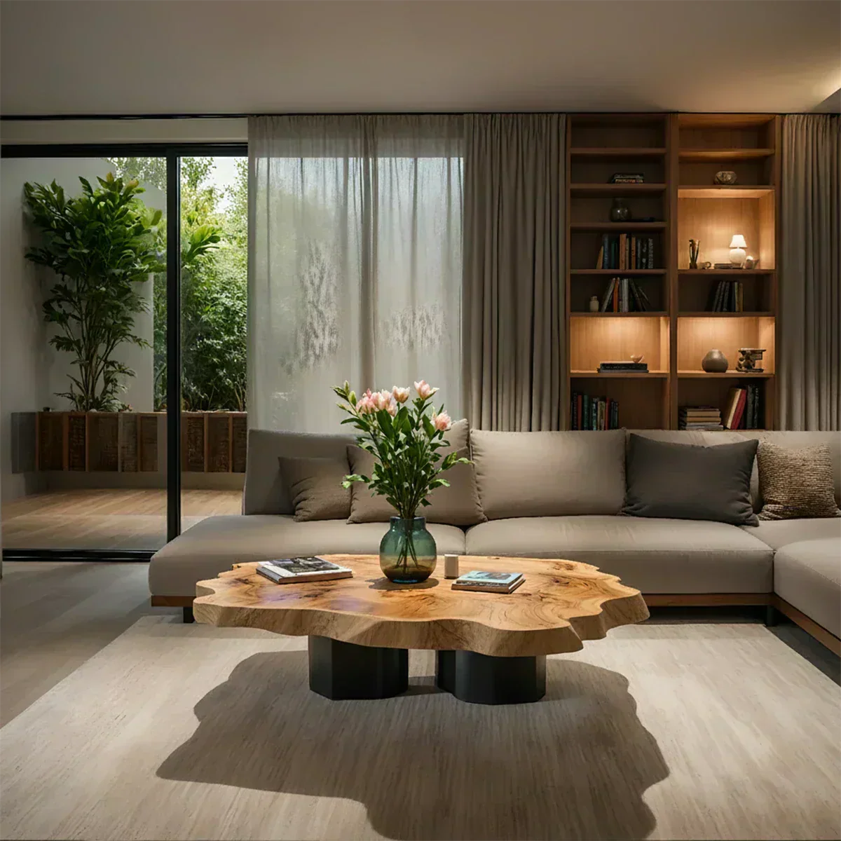 Live-Edge Natural Solid Wood Coffee Table – Sculptural Flower-Form Slab - Woodenecho