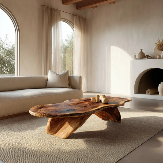 Live Edge Natural Solid Wood Coffee Table with Organic Sculptural Base - Rustirawood