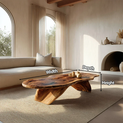 Live Edge Natural Solid Wood Coffee Table with Organic Sculptural Base - Rustirawood