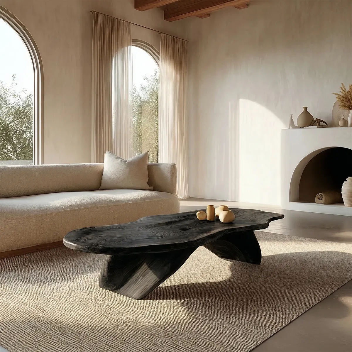 Live Edge Natural Solid Wood Coffee Table with Organic Sculptural Base - Rustirawood