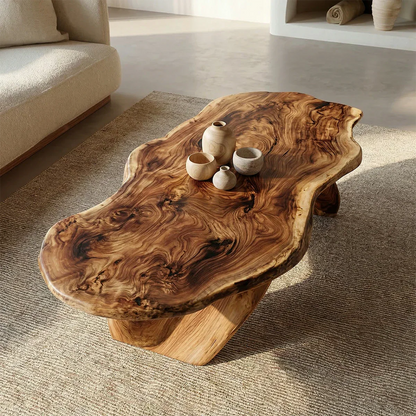 Live Edge Natural Solid Wood Coffee Table with Organic Sculptural Base - Rustirawood