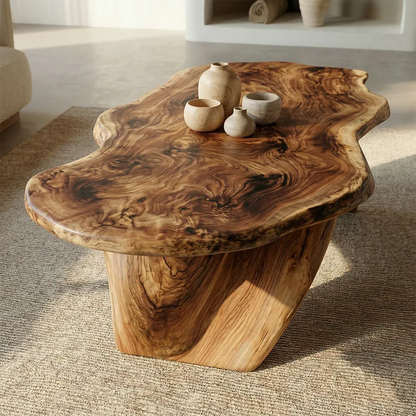 Live Edge Natural Solid Wood Coffee Table with Organic Sculptural Base - Rustirawood