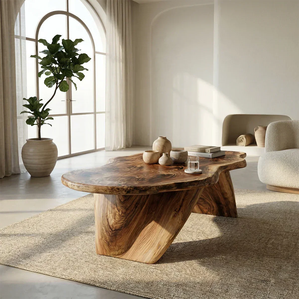 Live Edge Natural Solid Wood Coffee Table with Organic Sculptural Base - Woodenecho