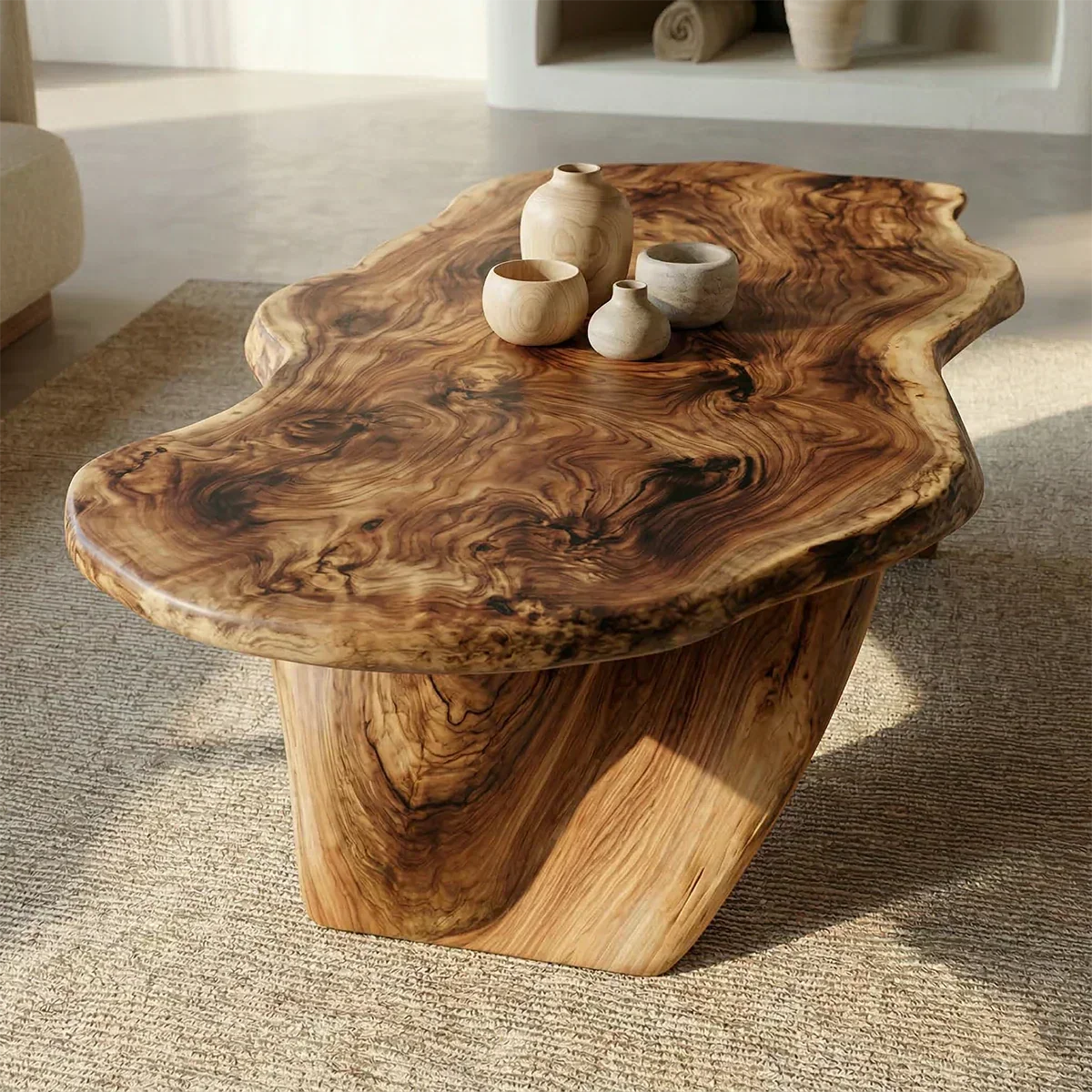 Live Edge Natural Solid Wood Coffee Table with Organic Sculptural Base - Woodenecho