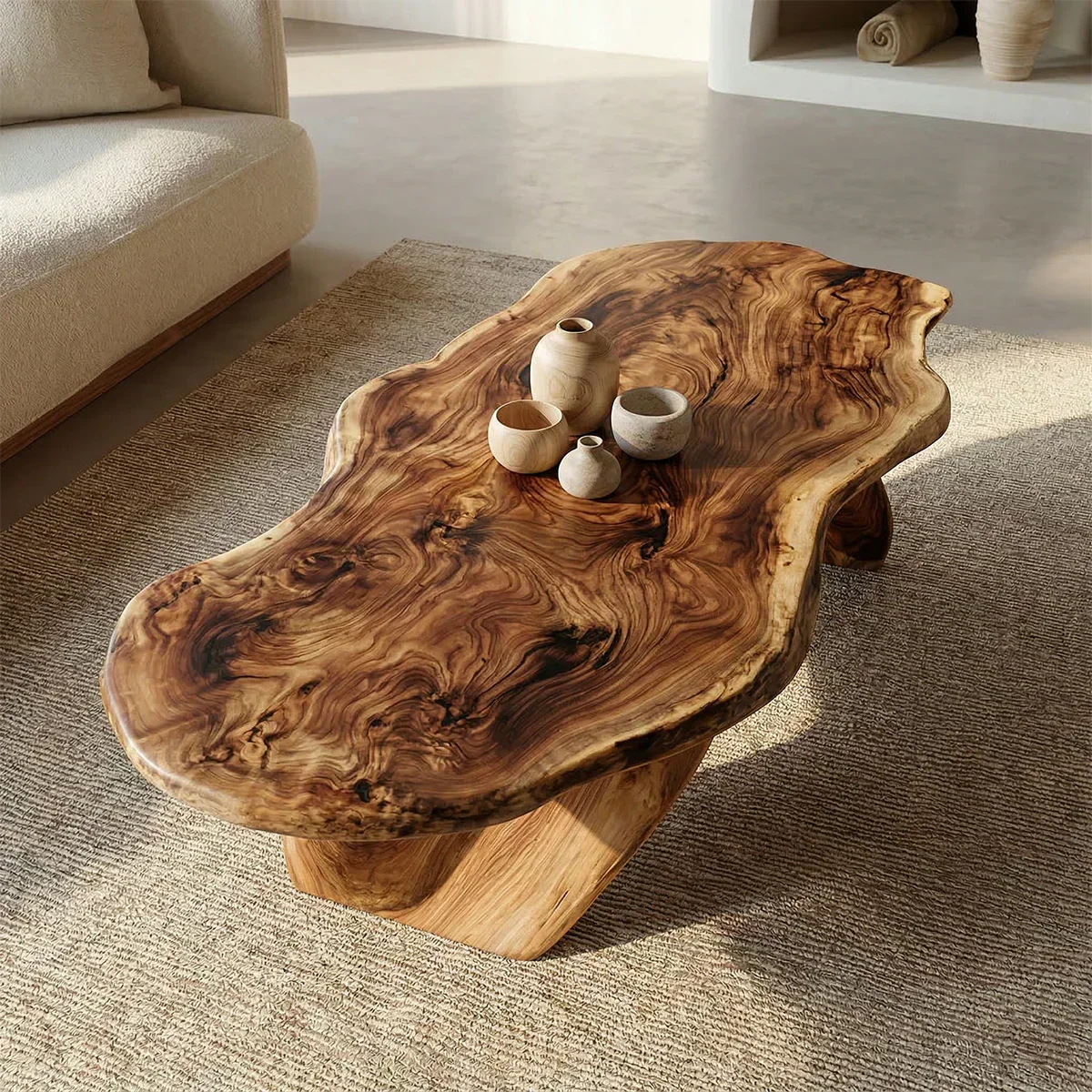 Live Edge Natural Solid Wood Coffee Table with Organic Sculptural Base - Woodenecho