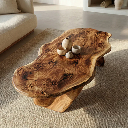 Live Edge Natural Solid Wood Coffee Table with Organic Sculptural Base - Woodenecho