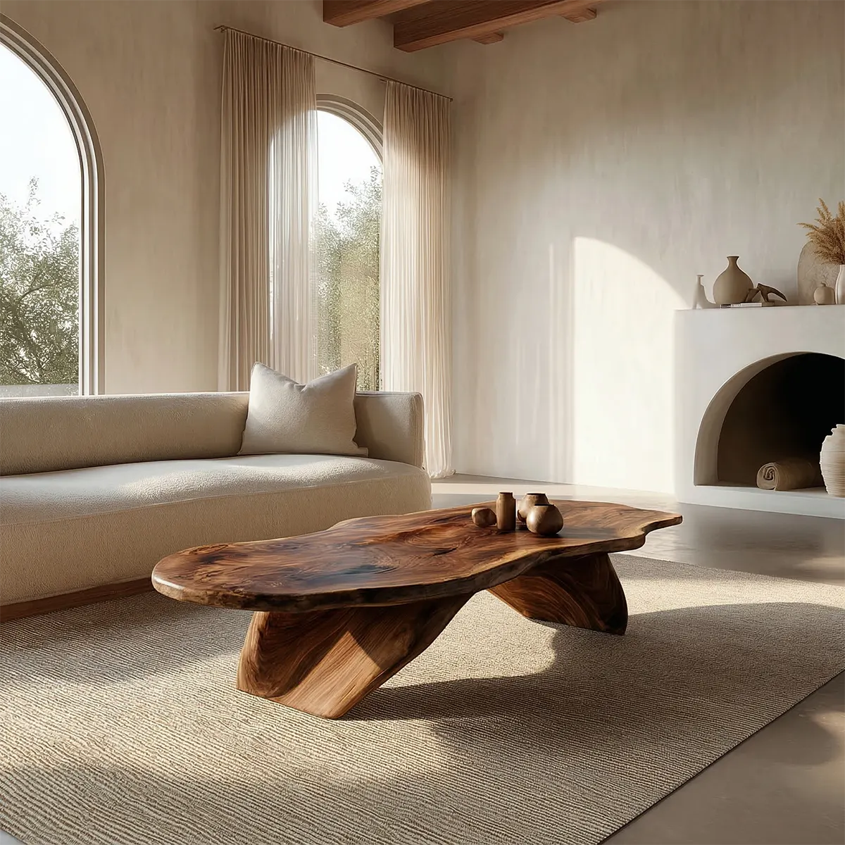 Live Edge Natural Solid Wood Coffee Table with Organic Sculptural Base - Woodenecho