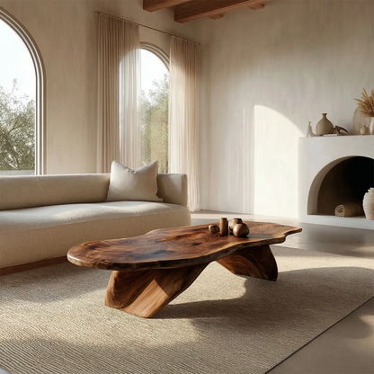 Live Edge Natural Solid Wood Coffee Table with Organic Sculptural Base - Woodenecho