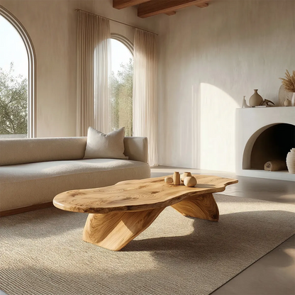 Live Edge Natural Solid Wood Coffee Table with Organic Sculptural Base - Woodenecho