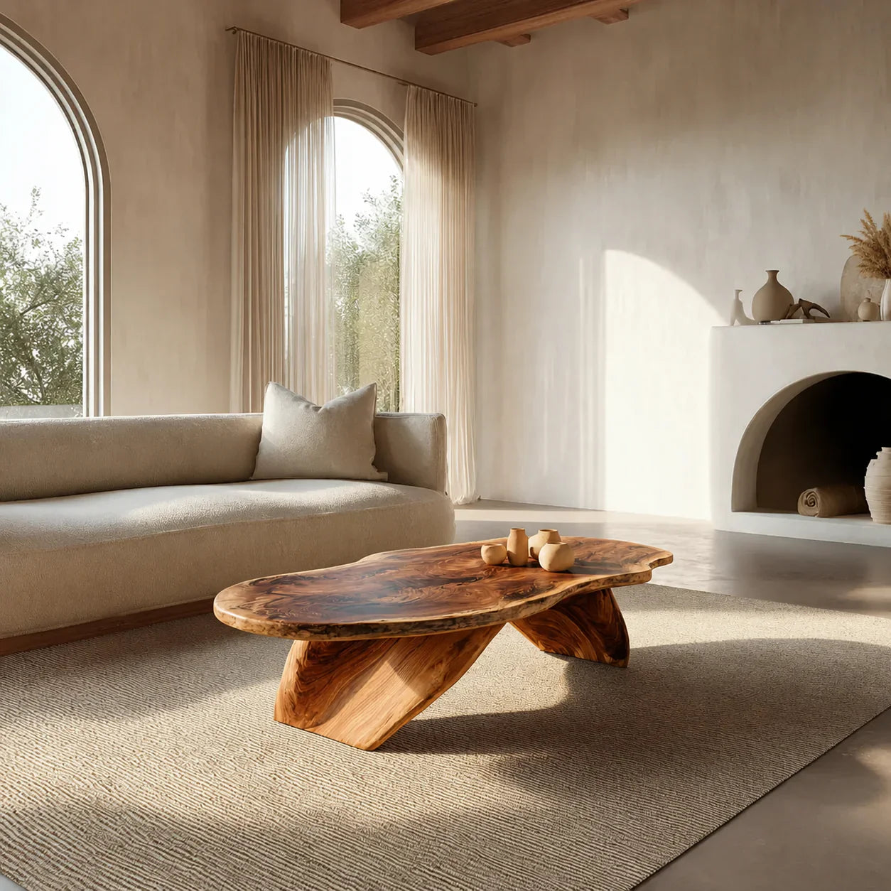 Live Edge Natural Solid Wood Coffee Table with Organic Sculptural Base - Woodenecho