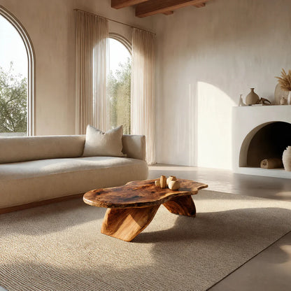 Live Edge Natural Solid Wood Coffee Table with Organic Sculptural Base - Woodenecho
