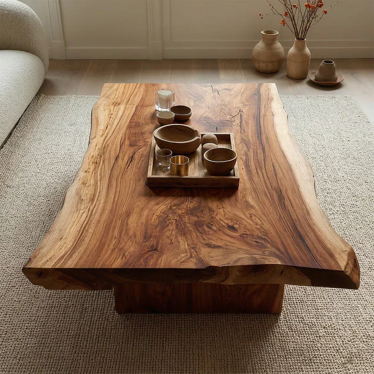 Live Edge Natural Solid Wood Coffee Table with Sculptural Block Base - Woodenecho