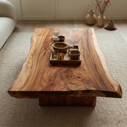 Live Edge Natural Solid Wood Coffee Table with Sculptural Block Base - Woodenecho