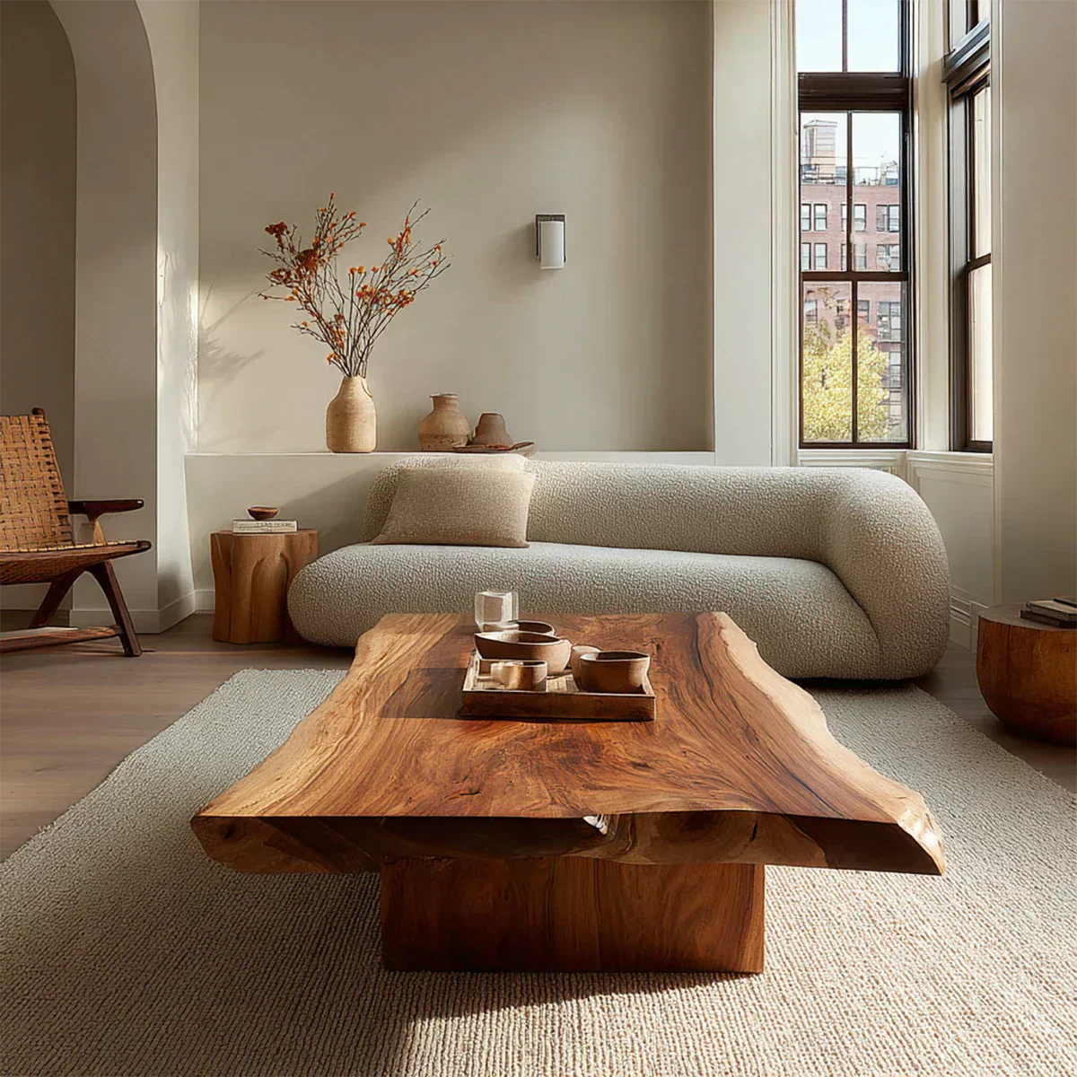 Live Edge Natural Solid Wood Coffee Table with Sculptural Block Base - Woodenecho