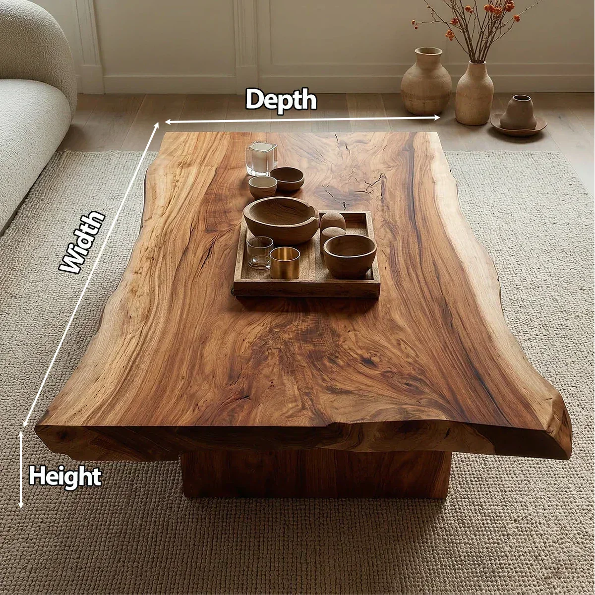 Live Edge Natural Solid Wood Coffee Table with Sculptural Block Base - Woodenecho