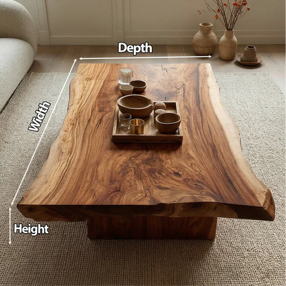 Live Edge Natural Solid Wood Coffee Table with Sculptural Block Base - Woodenecho