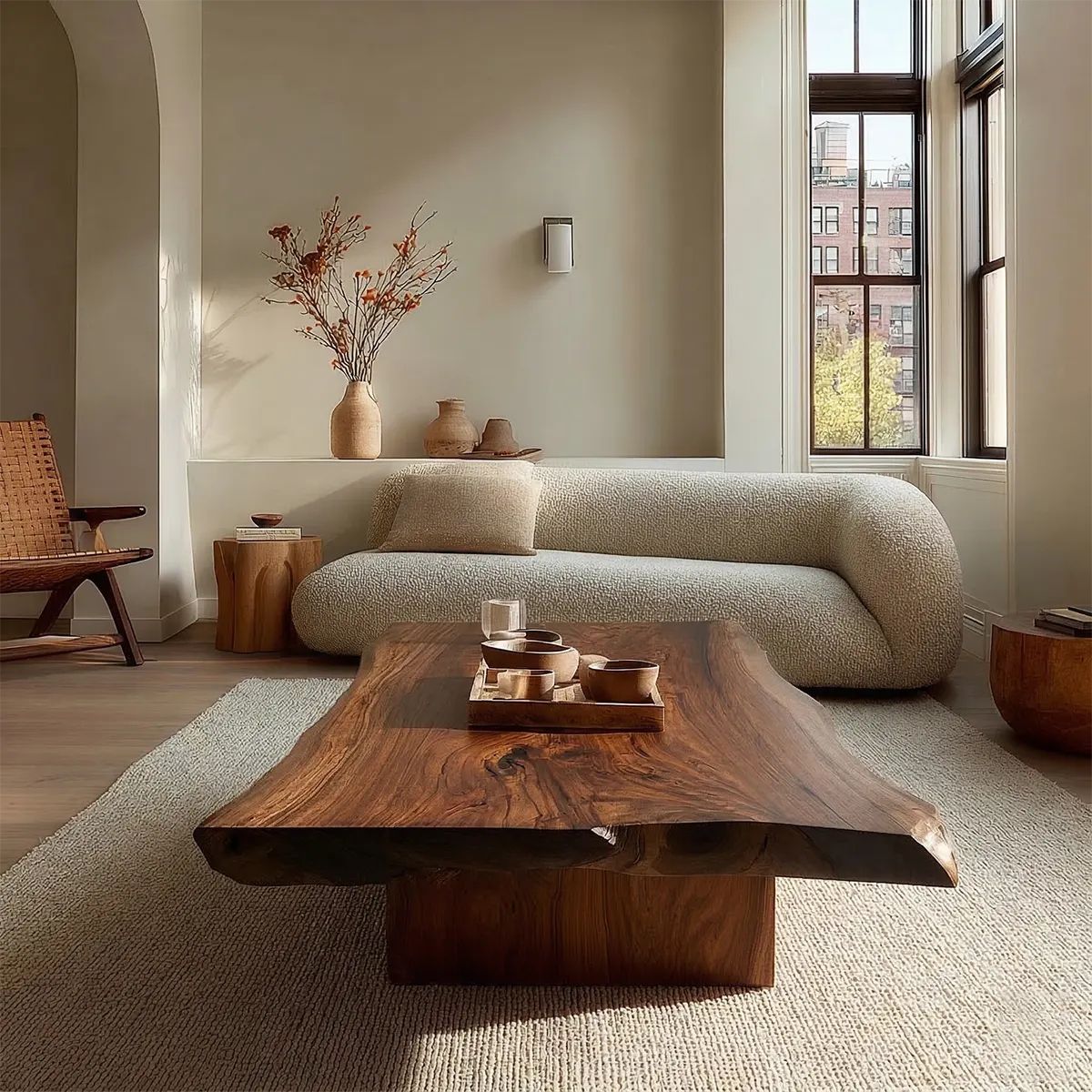 Live Edge Natural Solid Wood Coffee Table with Sculptural Block Base - Woodenecho