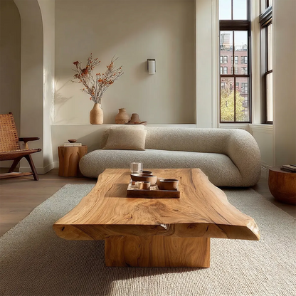 Live Edge Natural Solid Wood Coffee Table with Sculptural Block Base - Woodenecho