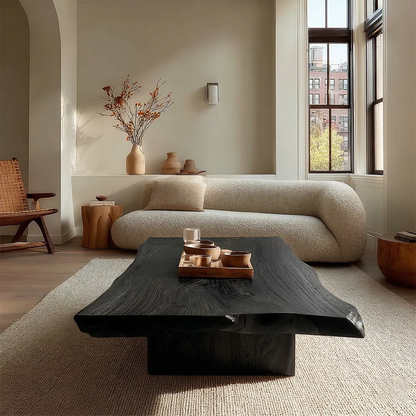 Live Edge Natural Solid Wood Coffee Table with Sculptural Block Base - Woodenecho