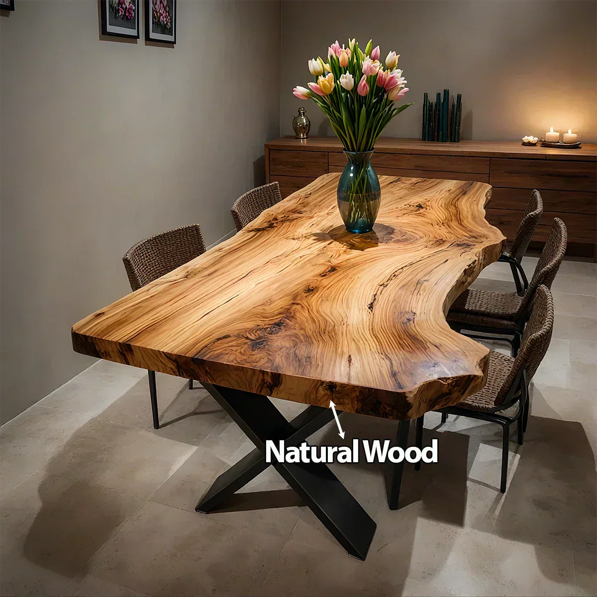 Live-Edge Natural Solid Wood Dining Table - Woodenecho