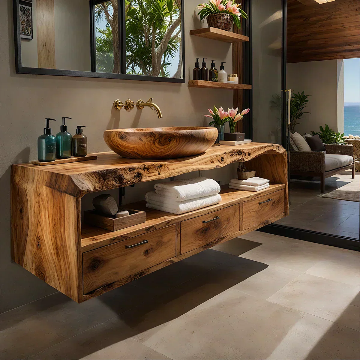 Live Edge Natural Solid Wood Floating Bathroom Vanity - Woodenecho