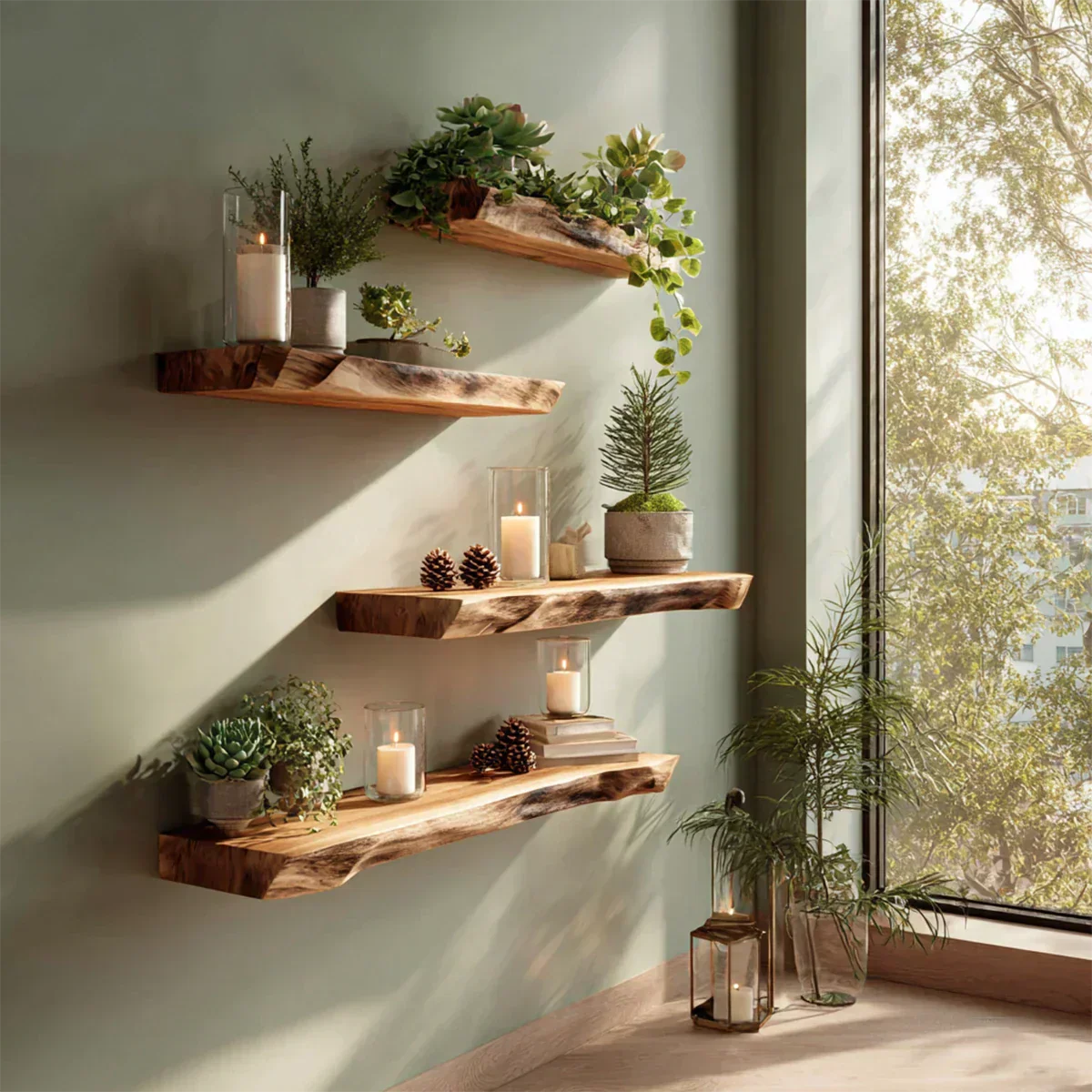 Live Edge Natural Solid Wood Floating Shelves – Green Serenity Edition - Rustirawood