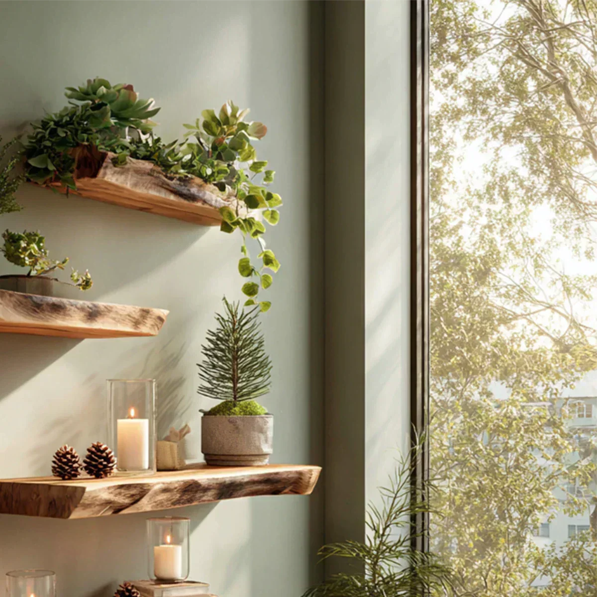 Live Edge Natural Solid Wood Floating Shelves – Green Serenity Edition - Rustirawood
