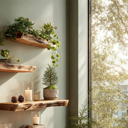 Live Edge Natural Solid Wood Floating Shelves – Green Serenity Edition - Rustirawood