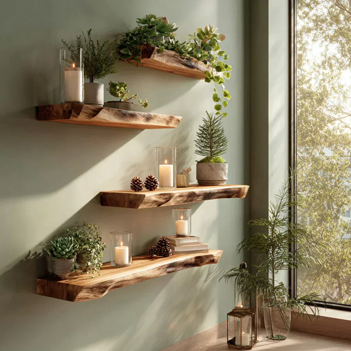 Live Edge Natural Solid Wood Floating Shelves – Green Serenity Edition - Rustirawood